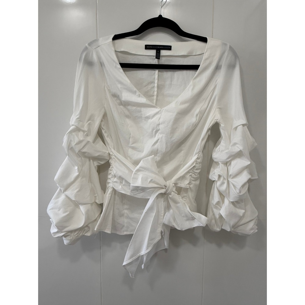 White House Black Market White Ruched Ruffle Sleeve Tie Waist Blouse Size 0 Y2K